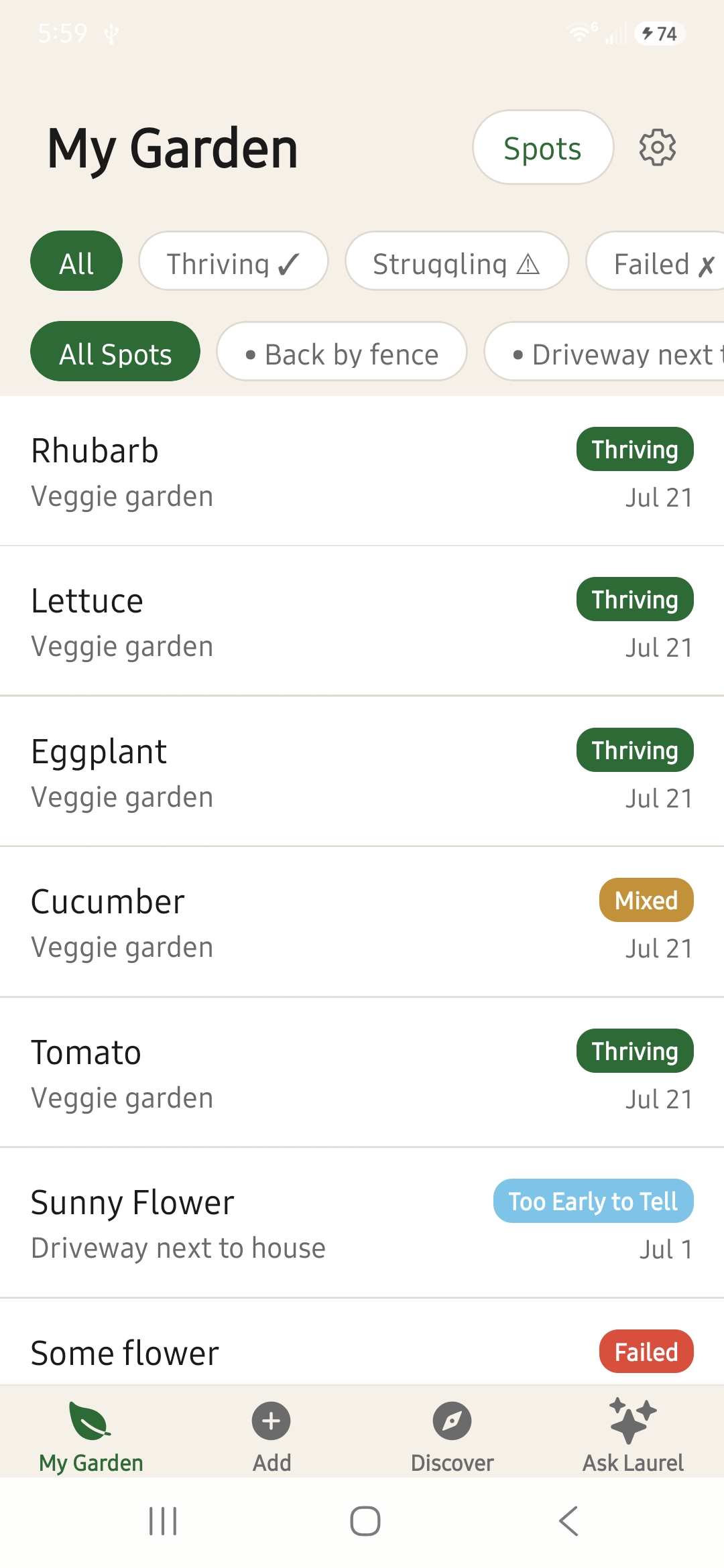 Garden Lore — a garden journal screen tracking plantings by spot.