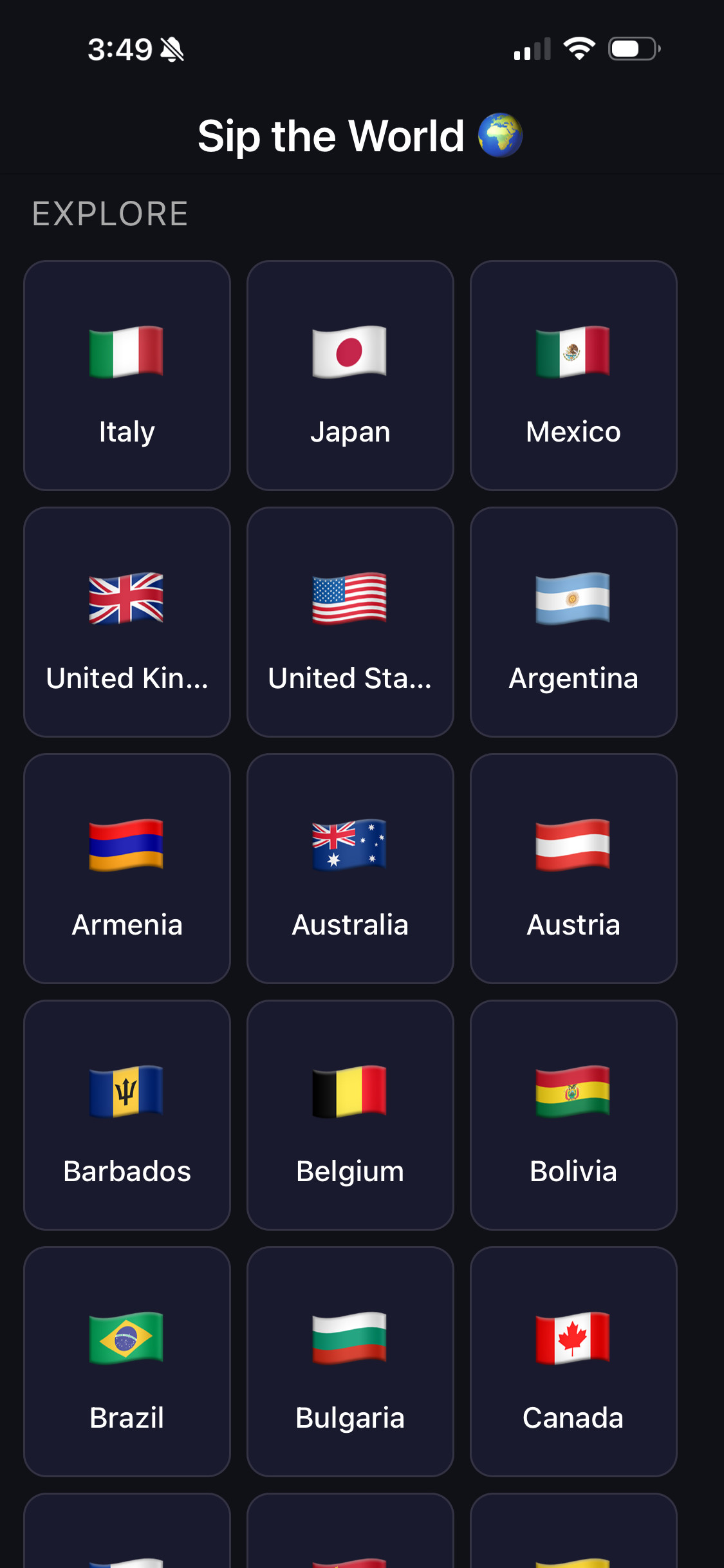 Sip the World — a cocktail recipe screen with its country of origin and history.