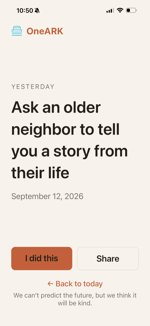 OneARK app showing yesterday&rsquo;s act of random kindness